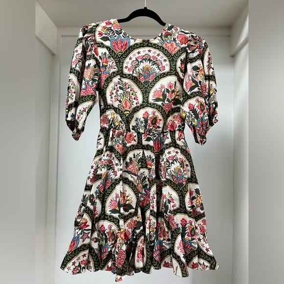 RHODE Molly Mushroom Pink and Green Floral Puff Sleeve Lace up Back Mini Dress S - Picture 8 of 12